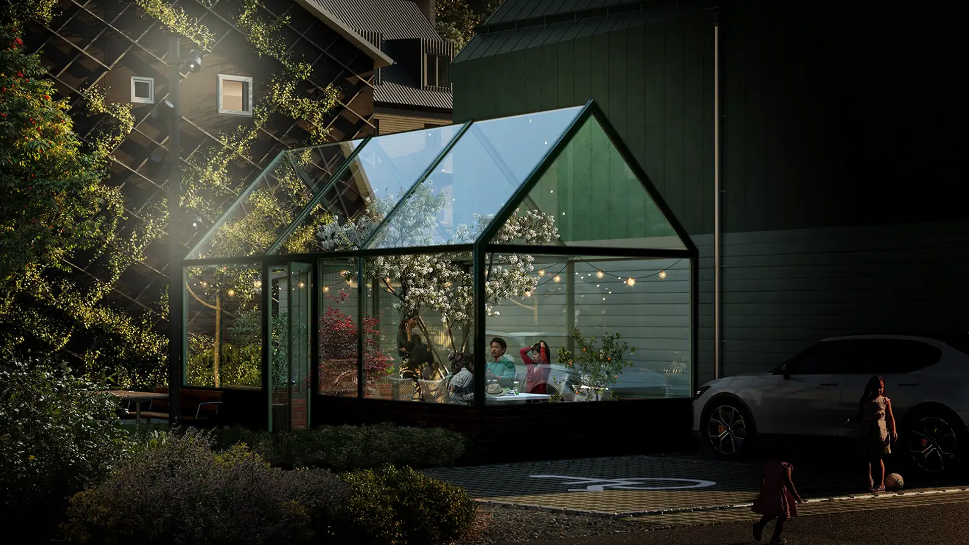 Orangeri på natten vid brf skogslyckan - Trollängen Bostad